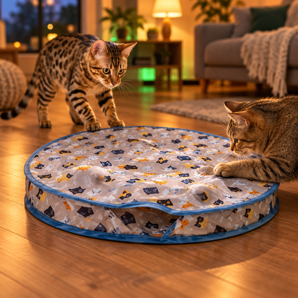 Dos gatos jugando con el circuito CATIVA Hunt en un salón