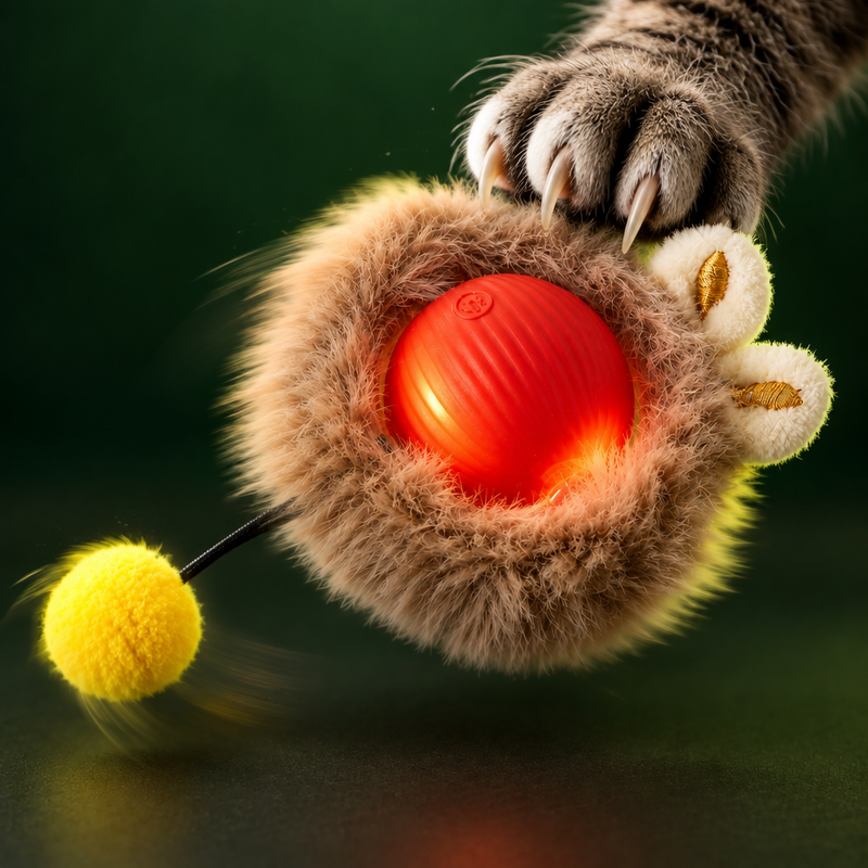 Zarpazo de gato atrapando una presa inteligente roja en movimiento